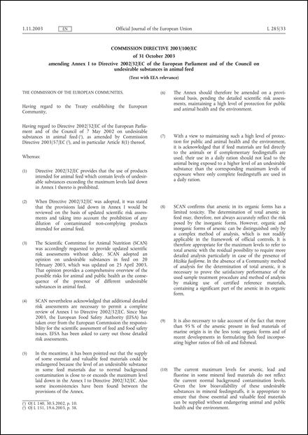 Commission Directive 2003/100/EC of 31 October 2003 amending Annex I to Directive 2002/32/EC of the European Parliament and of the Council on undesirable substances in animal feed (Text with EEA relevance)