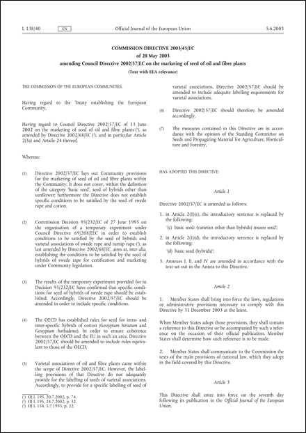 Commission Directive 2003/45/EC of 28 May 2003 amending Council Directive 2002/57/EC on the marketing of seed of oil and fibre plants (Text with EEA relevance)