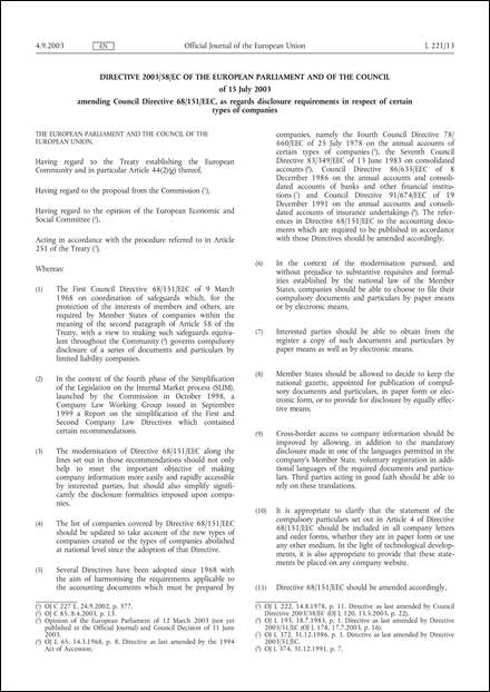 Directive 2003/58/EC of the European Parliament and of the Council of 15 July 2003 amending Council Directive 68/151/EEC, as regards disclosure requirements in respect of certain types of companies