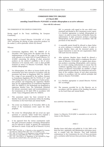 Commission Directive 2004/20/EC of 2 March 2004 amending Council Directive 91/414/EEC to include chlorpropham as an active substance (Text with EEA relevance)