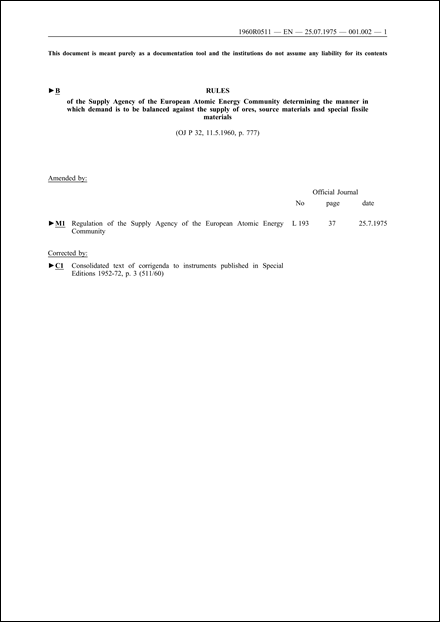 EAEC Supply Agency: Rules of the Supply Agency of the European Atomic Energy Community determining the manner in which demand is to be balanced against the supply of ores, source materials and special fissile materials