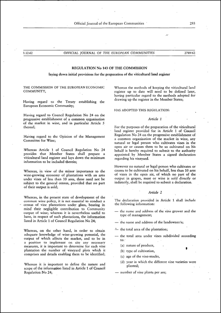 EEC: Regulation No 143 of the Commission laying down initial provisions for the preparation of the viticultural land register