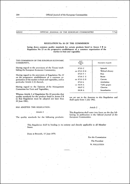 EEC: Regulation No 58 of the Commission laying down common quality standards for certain products listed in Annex I B to Regulation No 23 on the progressive establishment of a common organisation of the market in fruit and vegetables (repealed)