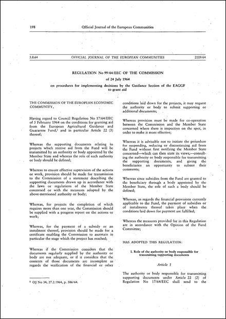 Regulation No 99/64/EEC of the Commission of 24 July 1964 on procedures for implementing decisions by the Guidance Section of the EAGGF to grant aid