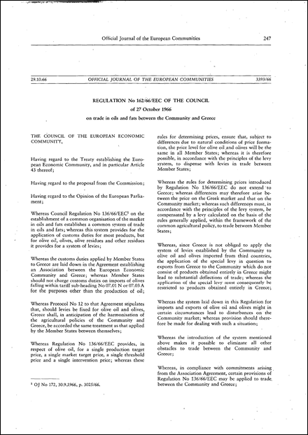 Regulation No 162/66/EEC of the Council of 27 October 1966 on trade in oils and fats between the Community and Greece (repealed)