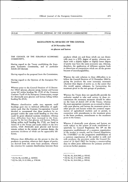 Regulation No 189/66/EEC of the Council of 24 November 1966 on glucose and lactose