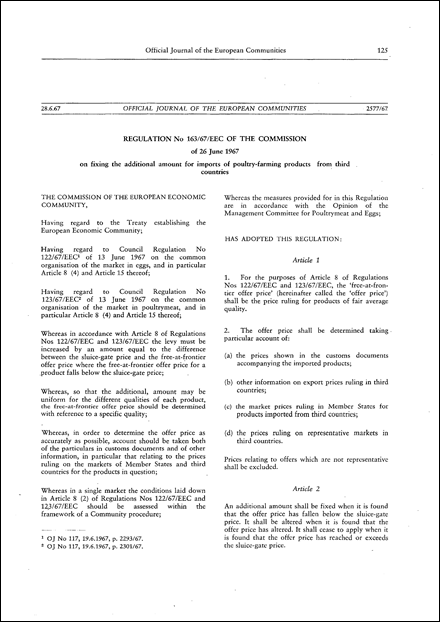 Regulation No 163/67/EEC of the Commission of 26 June 1967 on fixing the additional amount for imports of poultry-farming products from third countries (repealed)