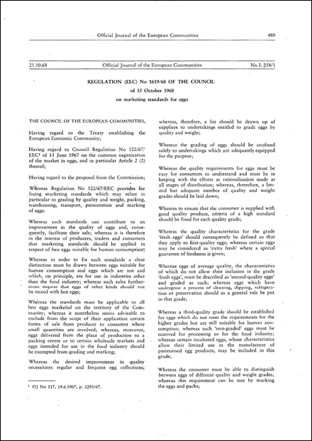 Regulation (EEC) No 1619/68 of the Council of 15 October 1968 on marketing standards for eggs