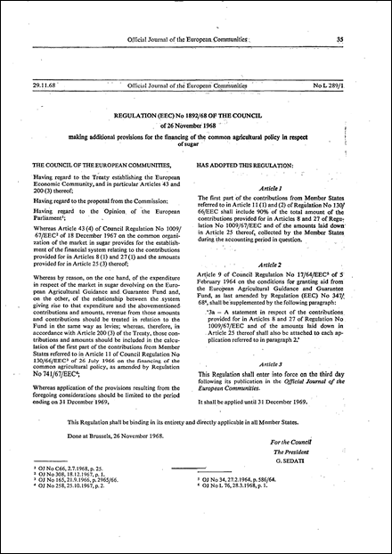 Regulation (EEC) No 1892/68 of the Council of 26 November 1968 making additional provisions for the financing of the common agricultural policy in respect of sugar