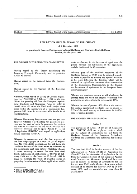 Regulation (EEC) No 2010/68 of the Council of 9 December 1968 on granting aid from the European Agricultural Guidance and Guarantee Fund, Guidance Section, for the year 1969