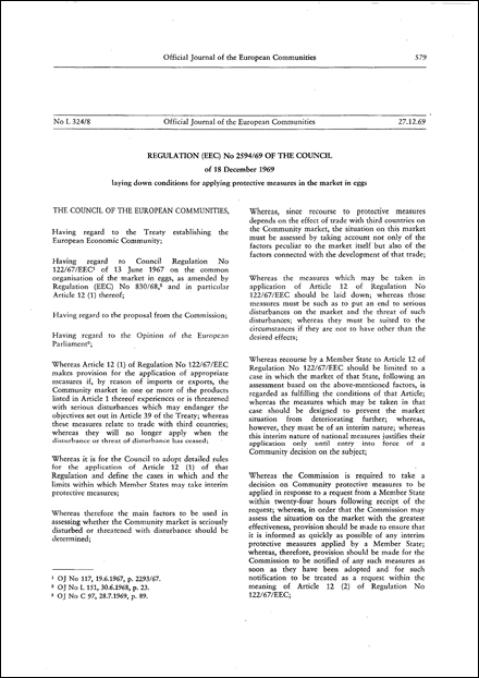 Regulation (EEC) No 2594/69 of the Council of 18 December 1969 laying down conditions for applying protective measures in the market in eggs (repealed)