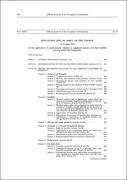 Regulation (EEC) No 1408/71 of the Council of 14 June 1971 on the application of social security schemes to employed persons and their families moving within the Community (repealed)