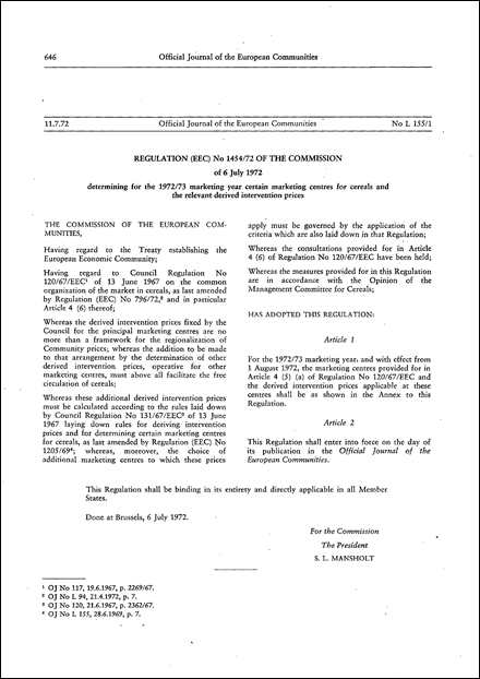 Regulation (EEC) No 1454/72 of the Commission of 6 July 1972 determining for the 1972/73 marketing year certain marketing centres for cereals and the relevant derived intervention prices