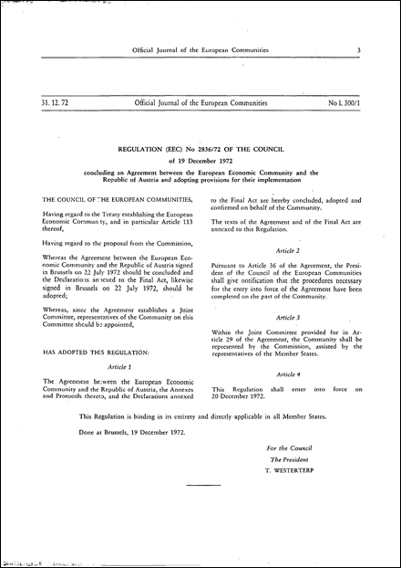 Regulation (EEC) No 2836/72 of the Council of 19 December 1972 concluding an Agreement between the European Economic Community and the Republic of Austria and adopting provisions for their implementation