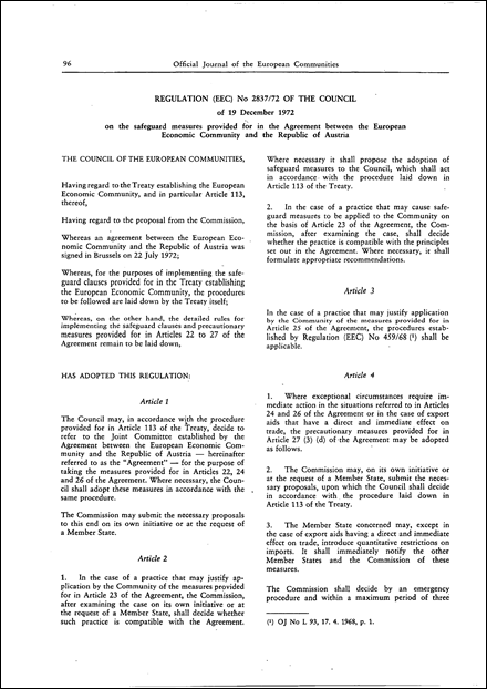 Regulation (EEC) No 2837/72 of the Council of 19 December 1972 on the safeguard measures provided for in the Agreement between the European Economic Community and the Republic of Austria