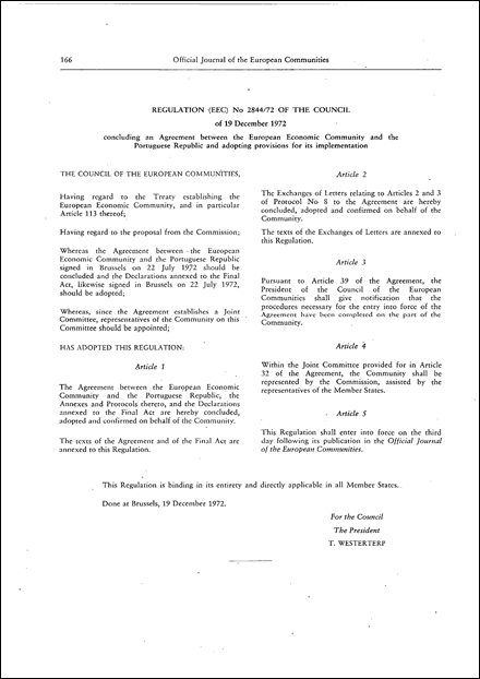 Regulation (EEC) No 2844/72 of the Council of 19 December 1972 concluding an Agreement between the European Economic Community and the Portuguese Republic and adopting provisions for its implementation