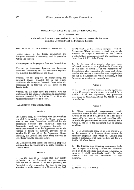 Regulation (EEC) No 2845/72 of the Council of 19 December 1972 on the safeguard measures provided for in the Agreement between the European Economic Community and the Portuguese Republic