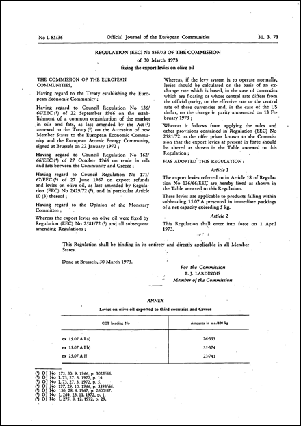 Regulation (EEC) No 859/73 of the Commission of 30 March 1973 fixing the export levies on olive oil