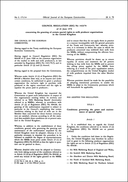 Council Regulation (EEC) No 1422/78 of 20 June 1978 concerning the granting of certain special rights to milk producer organizations in the United Kingdom