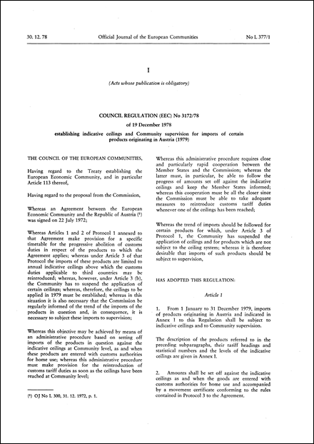 Council Regulation (EEC) No 3172/78 of 19 December 1978 establishing indicative ceilings and Community supervision for imports of certain products originating in Austria (1979)