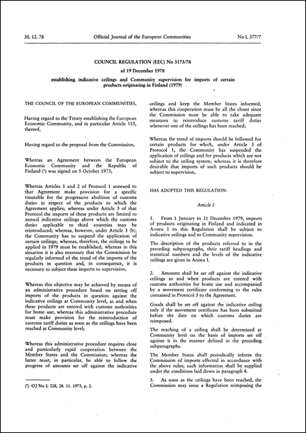 Council Regulation (EEC) No 3173/78 of 19 December 1978 establishing indicative ceilings and Community supervision for imports of certain products originating in Finland (1979)