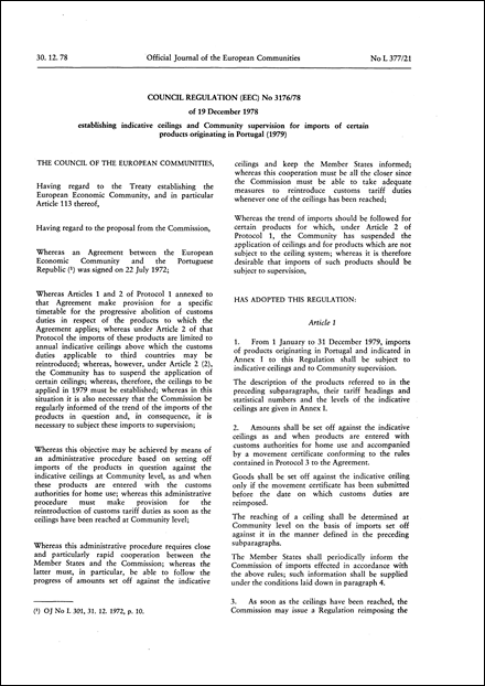 Council Regulation (EEC) No 3176/78 of 19 December 1978 establishing indicative ceilings and Community supervision for imports of certain products originating in Portugal (1979)