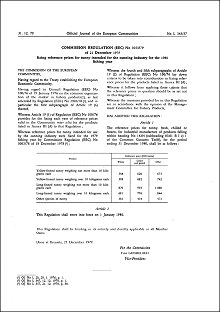 Commission Regulation (EEC) No 3053/79 of 21 December 1979 fixing reference prices for tunny intended for the canning industry for the 1980 fishing year