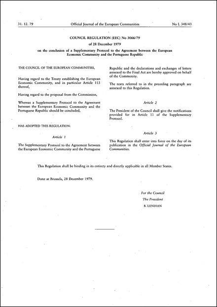 Council Regulation (EEC) No 3066/79 of 28 December 1979 on the conclusion of a Supplementary Protocol to the Agreement between the European Economic Community and the Portuguese Republic
