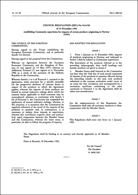 Council Regulation (EEC) No 3614/82 of 30 December 1982 establishing Community supervision for imports of certain products originating in Norway (1983)
