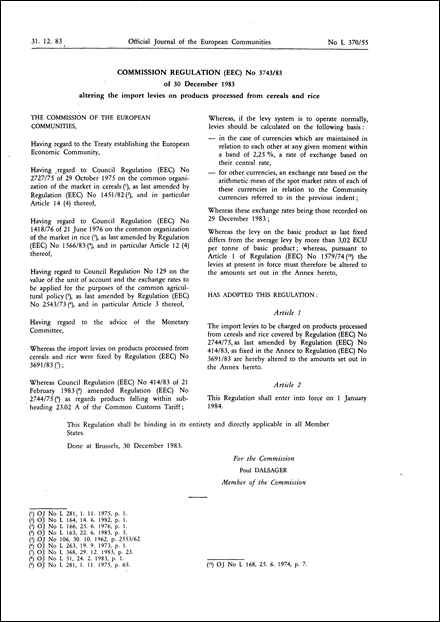 Commission Regulation (EEC) No 3743/83 of 30 December 1983 altering the import levies on products processed from cereals and rice