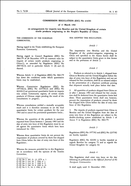 Commission Regulation Eec No 614 Of 15 March 19 On Arrangements For Imports Into Benelux