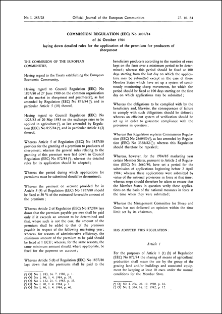Commission Regulation (EEC) No 3007/84 of 26 October 1984 laying down detailed rules for the application of the premium for producers of sheepmeat