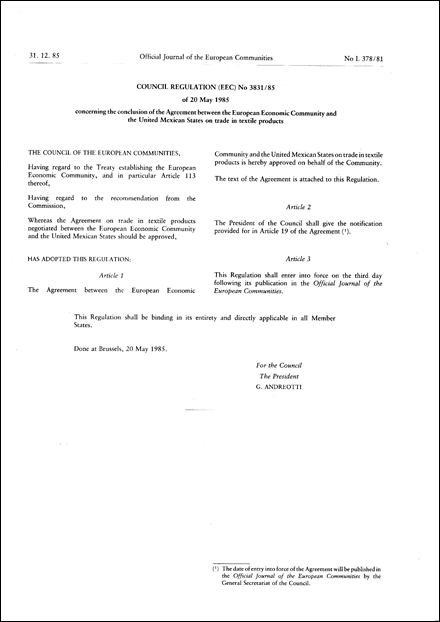 Council Regulation (EEC) No 3831/85 of 20 May 1985 concerning the conclusion of the Agreement between the European Economic Community and the United Mexican States on trade in textile products