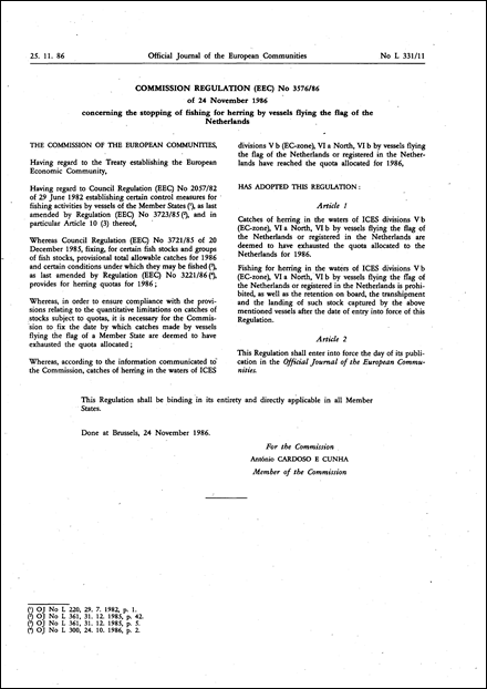 Commission Regulation (EEC) No 3576/86 of 24 November 1986 concerning the stopping of fishing for herring by vessels flying the flag of the Netherlands