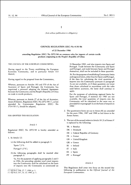 Council Regulation (EEC) No 4130/86 of 22 December 1986 amending Regulation (EEC) No 2072/84 on common rules for imports of certain textile products originating in the People' s Republic of China