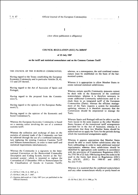 Council Regulation (EEC) No 2658/87 of 23 July 1987 on the tariff and statistical nomenclature and on the Common Customs Tariff