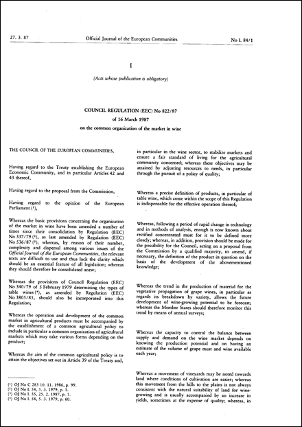 Council Regulation (EEC) No 822/87 of 16 March 1987 on the common organization of the market in wine