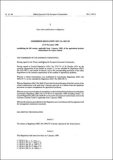 Commission Regulation (EEC) No 3825/88 of 30 November 1988 establishing the full version, applicable from 1 January 1989, of the agricultural product nomenclature for export refunds