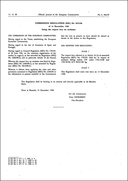 Commission Regulation (EEC) No 3895/88 of 14 December 1988 fixing the import levy on molasses