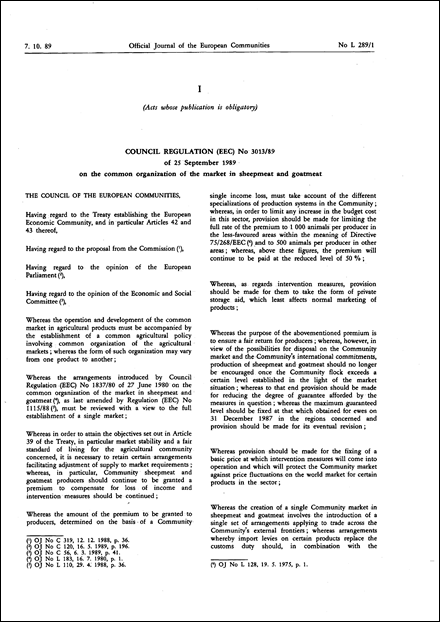 Council Regulation (EEC) No 3013/89 of 25 September 1989 on the common organization of the market in sheepmeat and goatmeat