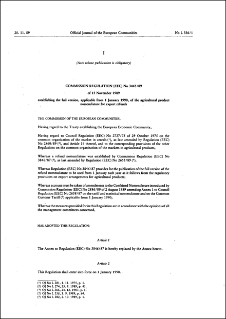Commission Regulation (EEC) No 3445/89 of 15 November 1989 establishing the full version, applicable from 1 January 1990, of the agricultural product nomenclature for export refunds