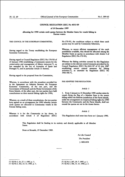 Council Regulation (EEC) No 4053/89 of 19 December 1989 allocating for 1990 certain catch quotas between the Member States for vessels fishing in Faroese waters