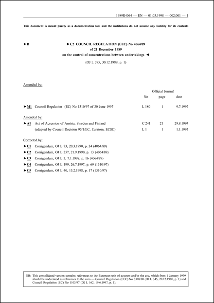 Council Regulation (EEC) No 4064/89 of 21 December 1989 on the control of concentrations between undertakings (repealed)