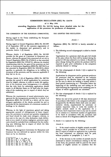 Commission Regulation (EEC) No 1260/90 of 11 May 1990 amending Regulation (EEC) No 3007/84 laying down detailed rules for the application of the premium for producers of sheepmeat