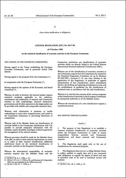Council Regulation (EEC) No 3037/90 of 9 October 1990 on the statistical classification of economic activities in the European Community