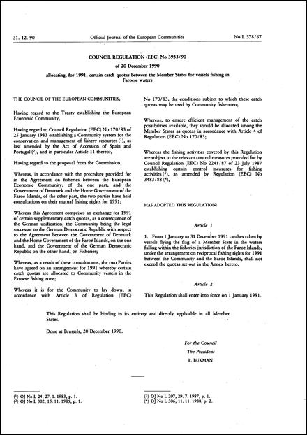 Council Regulation (EEC) No 3933/90 of 20 December 1990 allocating, for 1991, certain catch quotas between the Member States for vessels fishing in Faroese waters