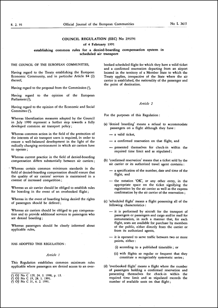 Council Regulation (EEC) No 295/91 of 4 February 1991 establishing common rules for a denied-boarding compensation system in scheduled air transport (repealed)