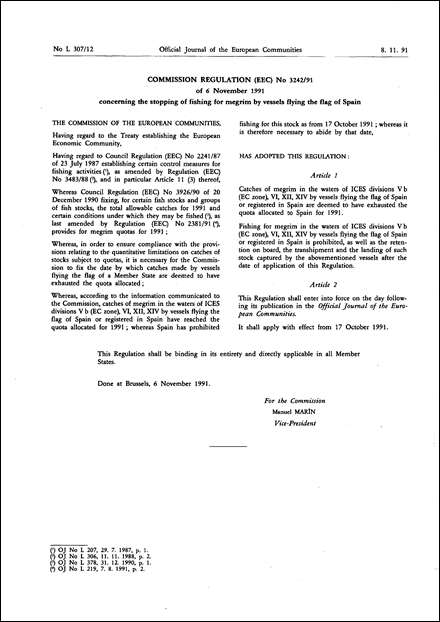 Commission Regulation (EEC) No 3242/91 of 6 November 1991 concerning the stopping of fishing for megrim by vessels flying the flag of Spain