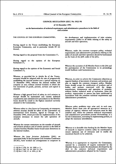 Council Regulation (EEC) No 3922/91 of 16 December 1991 on the harmonization of technical requirements and administrative procedures in the field of civil aviation