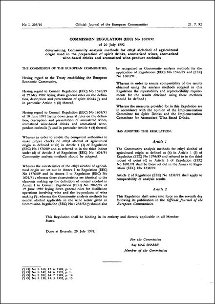 Commission Regulation (EEC) No 2009/92 of 20 July 1992 determining Community analysis methods for ethyl alchohol of agricultural origin used in the preparation of spirit drinks, aromatized wines, aromatized wine- based drinks and aromatized wine-product cocktails